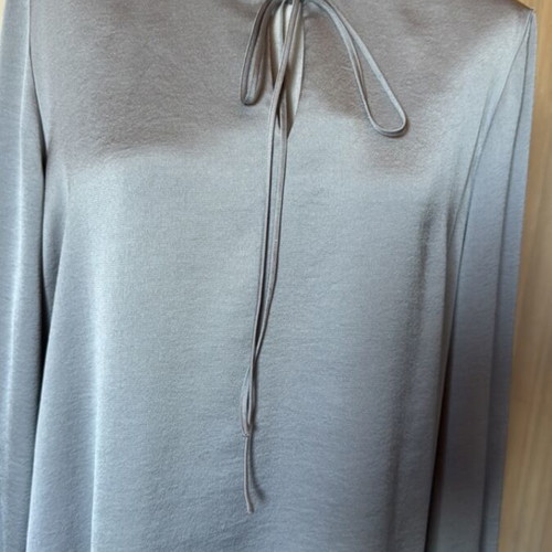 Women's grey satin blouse with drawstrings, long sleeve, new, size L