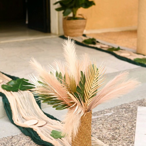Baptism decoration set like new with fabrics, wicker vases, and Lion King figure