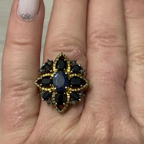 Gold ring 9k and silver 925 with sapphires and diamonds vintage used
