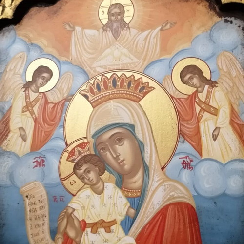 Ιερή εικόνα Βρεφοκρατούσα Χρύσα Μεγαπάνου, αυγοτέμπερα σε μουσαμά