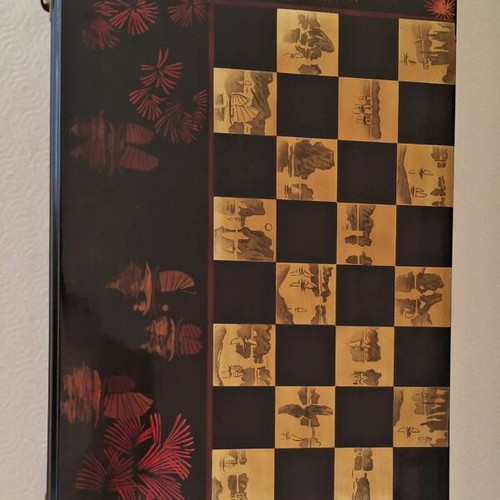 Vintage handmade chess and backgammon set 1960s mahogany and olive used