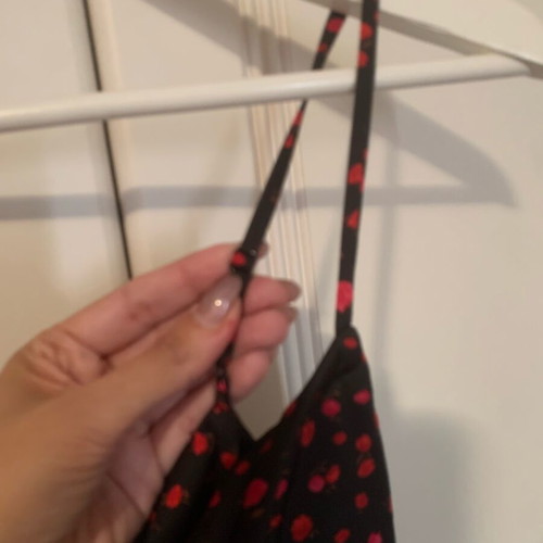 Midi satin dress with cherries like new, adjustable straps