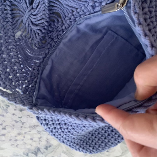 Boho Handmade Macrame Shoulder Bag like new, blue with lining and fringes