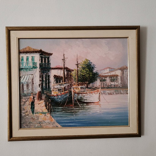 Painting of Harbor framed oil painting like new