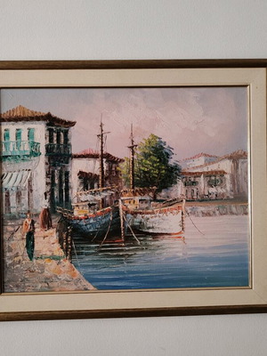 Painting of Harbor framed oil painting like new