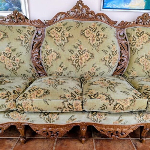 French style living room set like new, olive velvet, handmade wood frame
