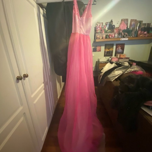 Evening dress used, very long pink and white with train, size S
