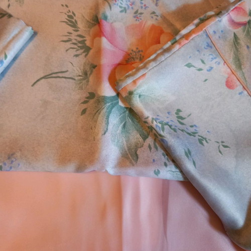 Satin bed sheet set unused, pink and printed blue with flowers