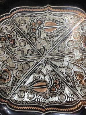 Copper decorative handmade plate with embossed oriental motifs