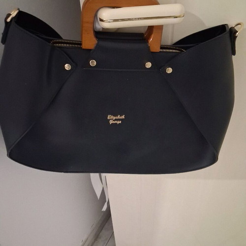 Elizabeth George Handheld Bag Black Like New with Wooden Handle and Strap