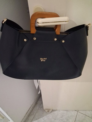 Elizabeth George Handheld Bag Black Like New with Wooden Handle and Strap