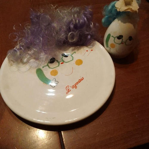 Ceramic decorative set 'S' agapo' 1980s plate and egg with hair
