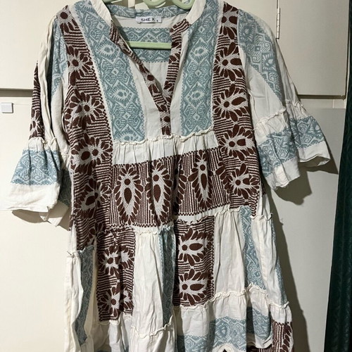 Boho embroidered linen dress new, beige with blue and brown patterns