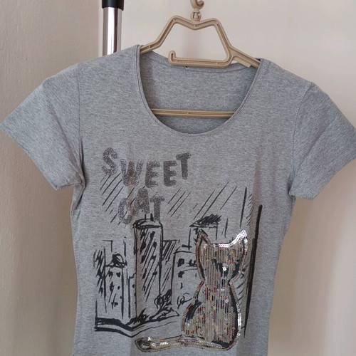 T-shirt "Sweet Cat" with sequins, grey melange