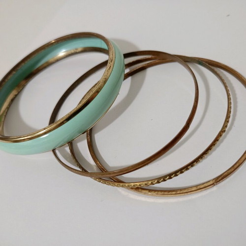 Brass retro vintage bracelets used, set of 4, blue enamel
