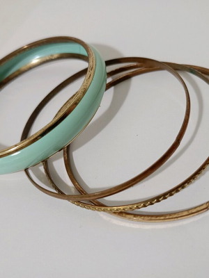 Brass retro vintage bracelets used, set of 4, blue enamel