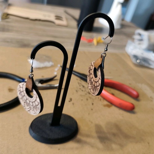 Wooden Mandala earrings with leather detail new