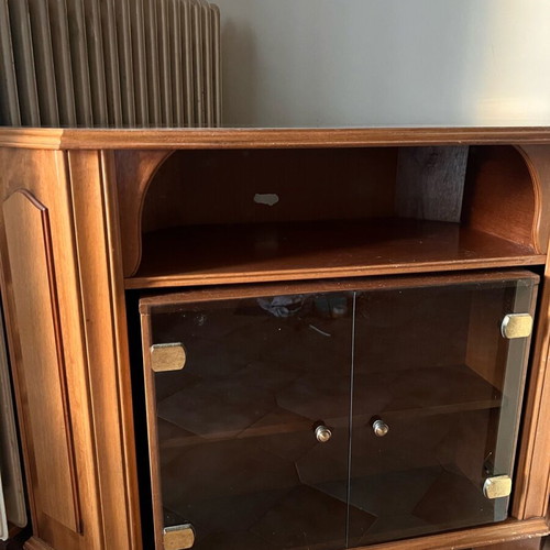 Vintage wooden corner TV cabinet used with hidden bar