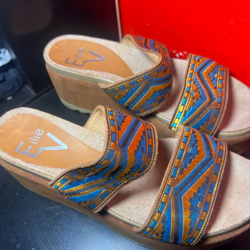 Leather double-strap slippers new, size 39, brown with patterns
