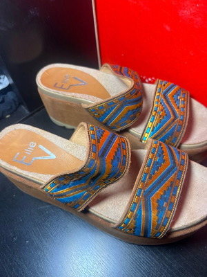 Leather double-strap slippers new, size 39, brown with patterns