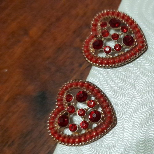 Heart earrings with rhinestones like new, red