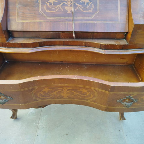 French Secretary Desk used, solid wood with marquetry and brass handles