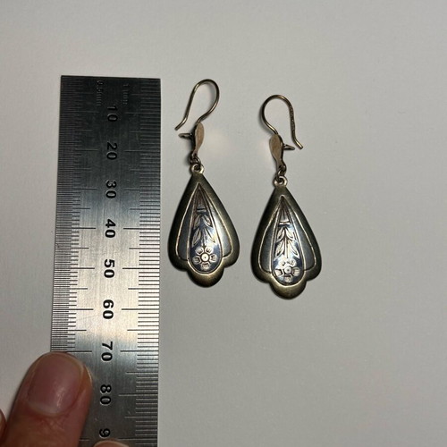 Vintage blackened silver drop earrings used with floral engraving
