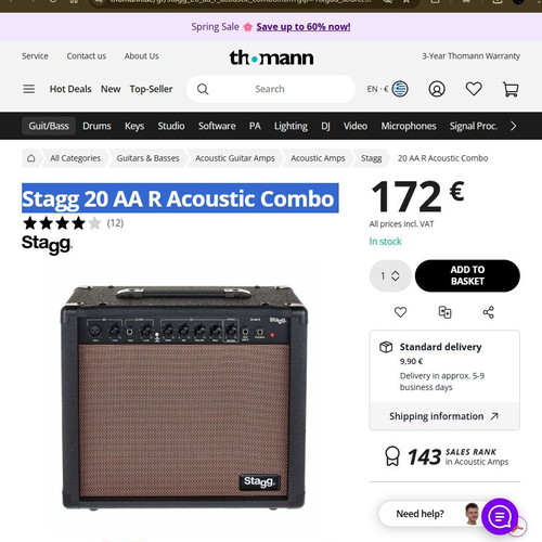 Stagg 20W Acoustic Guitar Amplifier with Spring Reverb like new