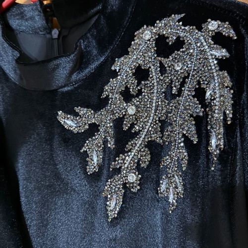 Black velvet maxi dress like new with belt and decorative jewel