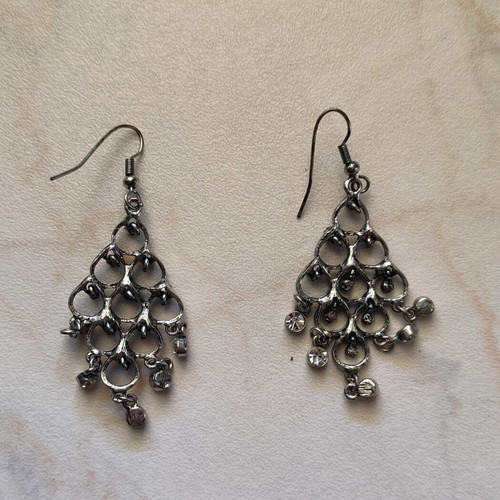 Vintage chandelier earrings with rhinestones used, filigree metal