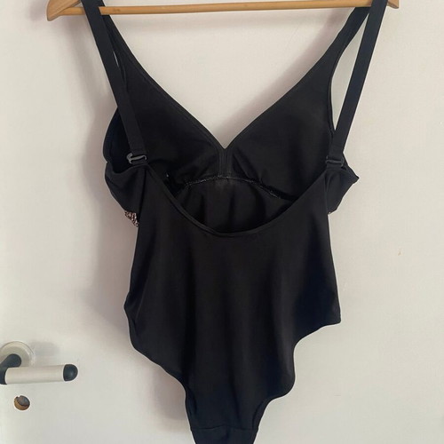 Ladies black one-piece swimsuit with animal print, size medium
