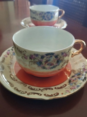 Rudolf Wachter vintage porcelain tea cups with saucers, coral and gold