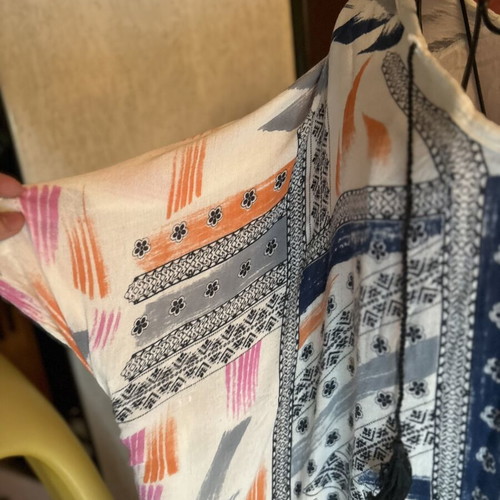 Printed summer blouse tunic used, white blue and orange tones