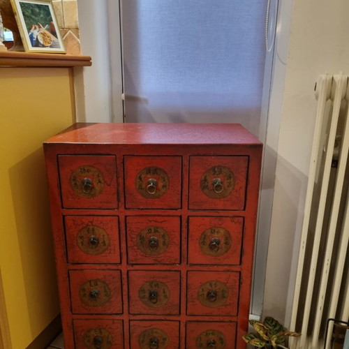 Antique Chinese drawer cabinet used, 12 compartments for medicine or tea