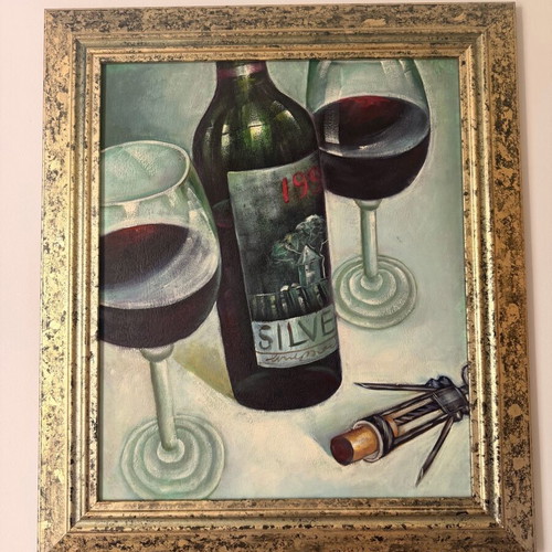 Vintage painting like new with golden frame, wine and elegance