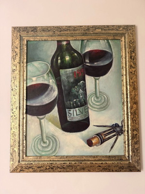 Vintage painting like new with golden frame, wine and elegance
