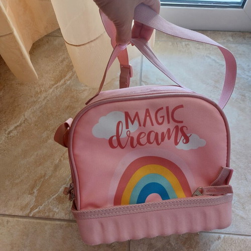 Pink lunch bag with rainbow design