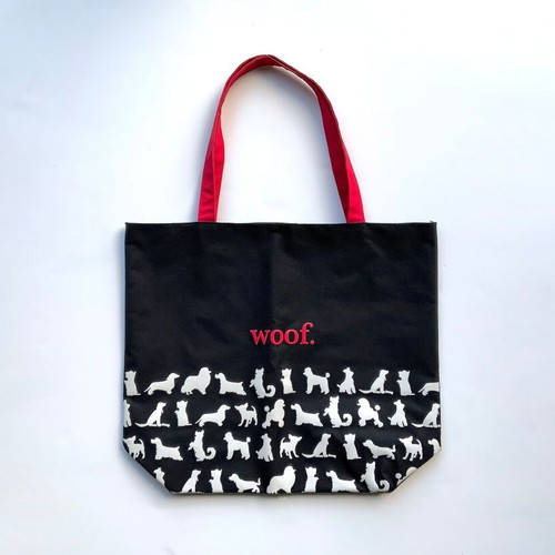 The WOOF Tote Bag new, black with white dog prints