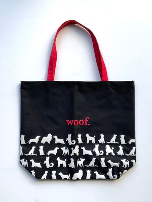 The WOOF Tote Bag new, black with white dog prints