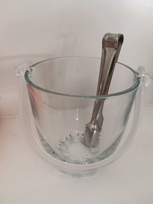 Glass ice bucket with metal tongs like new