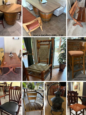 Used restaurant furniture set with tables, chairs, benches, and accessories