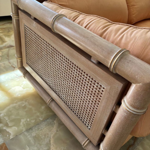 Vintage Bamboo sofa set like new, 3-seater couch with 2 armchairs and 2 tables