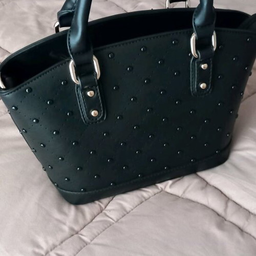 Women's bag used, black handheld with strap and gold details