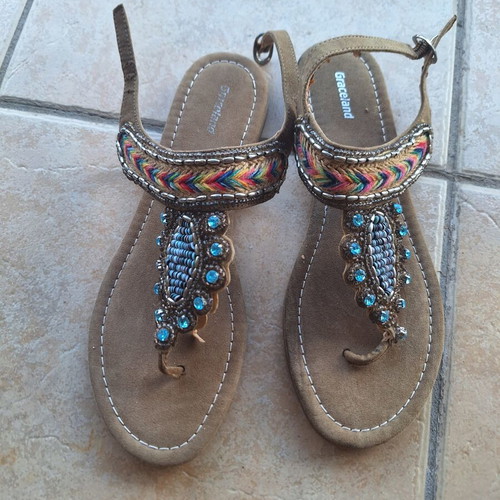 Sandals new, ethnic style, beige and multicolor, size 39