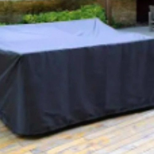Blue waterproof cover for outdoor furniture with rings and rope