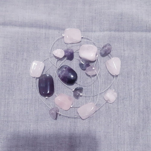 Cleary long necklace with natural amethyst and rose quartz stones, silver 925