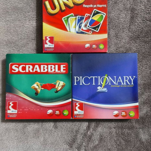 Mini board games new, pack with UNO, Scrabble, Pictionary