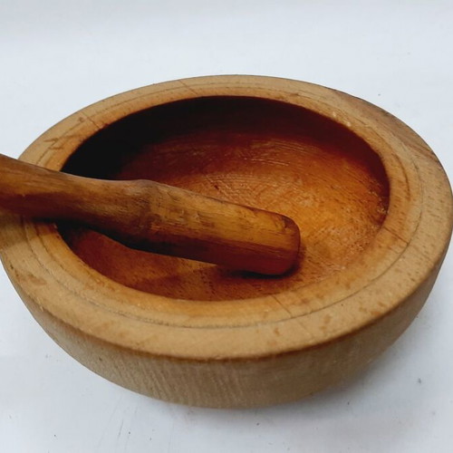 Vintage wooden mortar and pestle, handmade, used