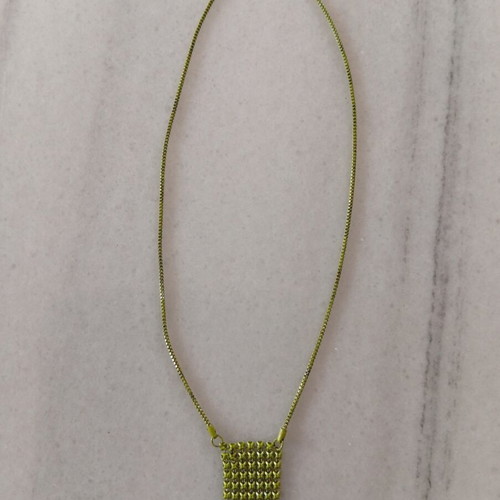 Vintage green metal mesh necklace with rectangular pendant