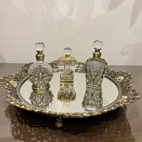 Vanity set with mirror tray and 3 decorative perfume bottles, vintage baroque style